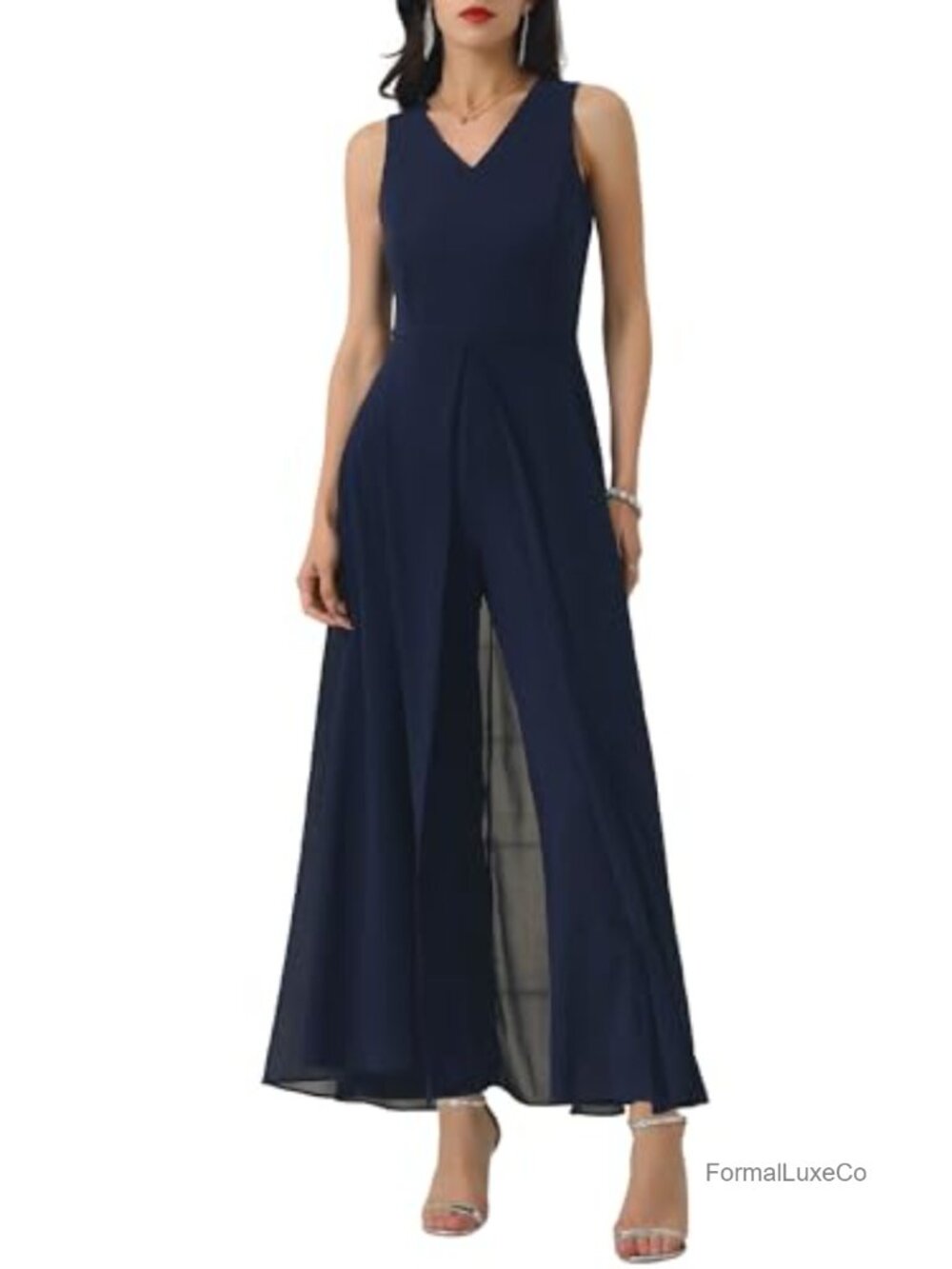 Wide Leg Chiffon V-Neck Sleeveless Formal Jumpsuit Cocktail Party